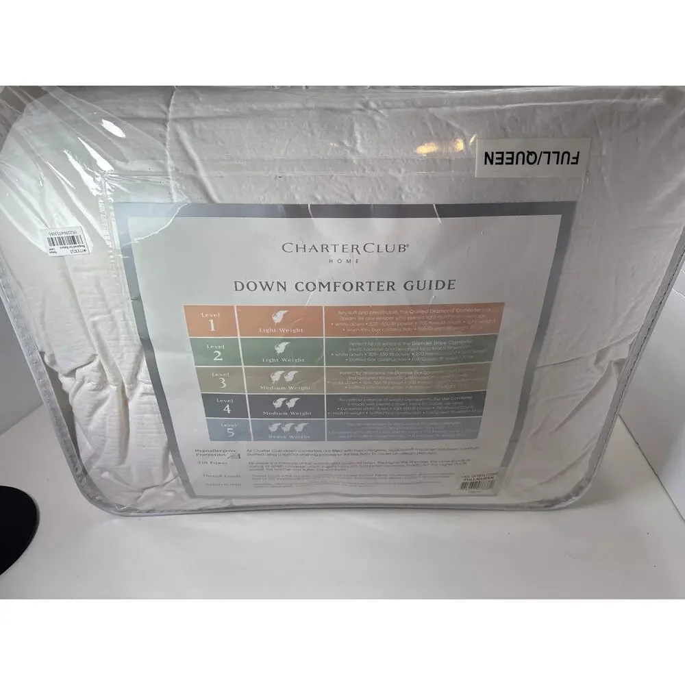 Charter Club Vail Goose Down Comforter White Stripe Baffle Box USA FULL QUEEN
